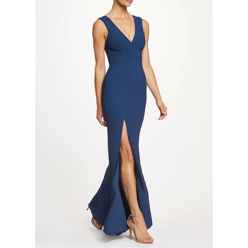 Dress the Population Pacific Blue V Neck High Slit Sandra Floor Length Dress